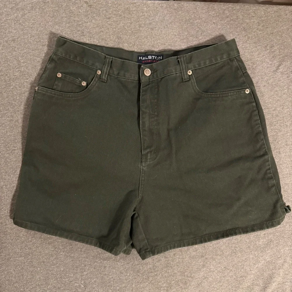Halston‎ Jeanswear Vintage High Waisted Denim Shorts Size 16 Green Cotton 90s